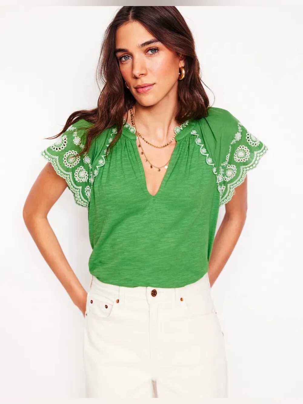 Boden Green V‑Neck Top with Embroidered Flutter Sleeves